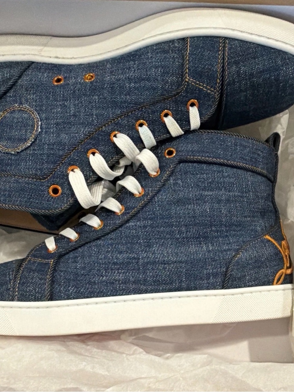Christian Louboutin Denim High-Top Sneakers - Blue & White